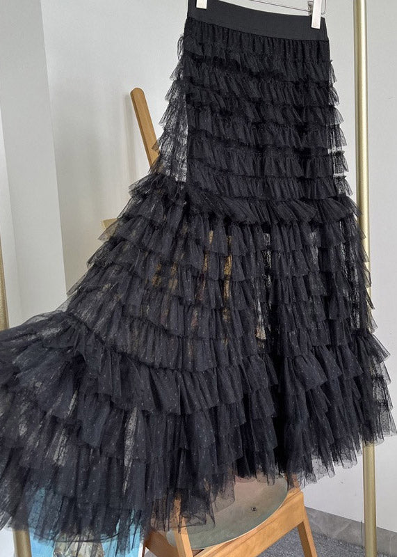 Black Lace Patchwork Tulle Elastic Waist Layered Skirts Spring
