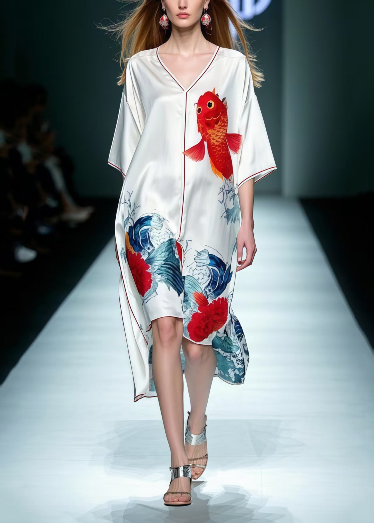 White Print Low High Design Silk Dresses Summer