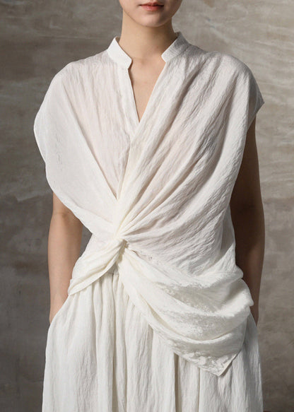Beige Wrinkled Pockets Linen Two Pieces Set Summer