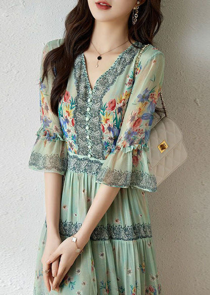 Light Green V Neck Wrinkled Patchwork Print Silk Dresses Summer