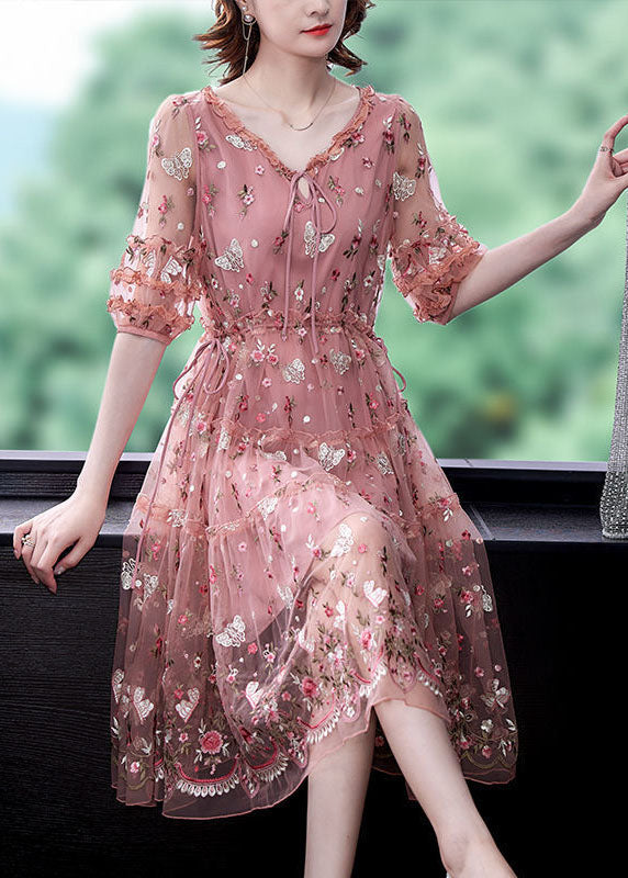 Pink Ruffled Embroideried Exra Large Hem Tulle Cinched Dress Summer