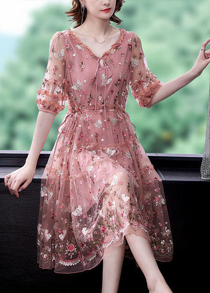 Pink Ruffled Embroideried Exra Large Hem Tulle Cinched Dress Summer