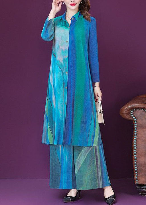 Blue Peter Pan Collar Tie Dye Silk Two Piece Set Long Sleeve Fall