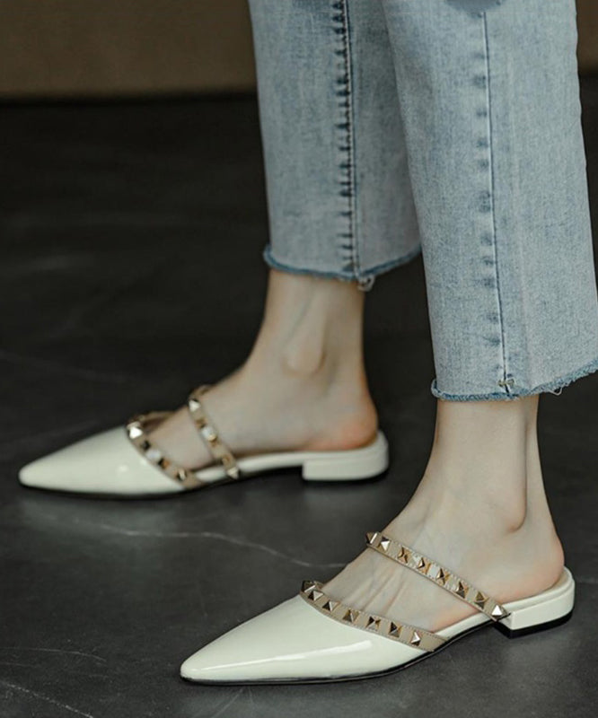 White Rivet Pointed Toe Cowhide Leather Slide Sandals