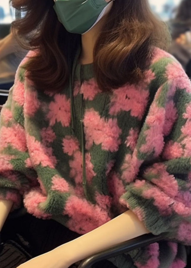 Pink O Neck Jacquard Faux Fur Knit Sweaters Fall