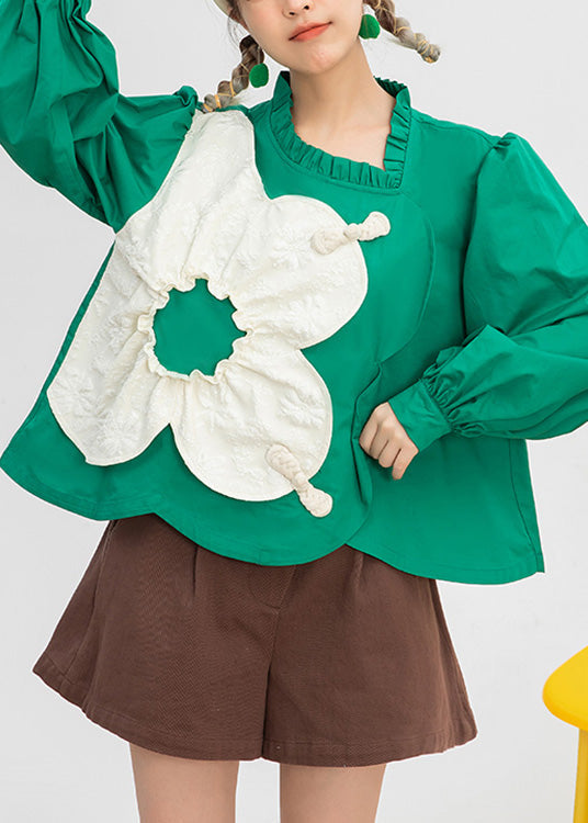 Classy Green O-neck Patchwork Cotton Shirt Spring