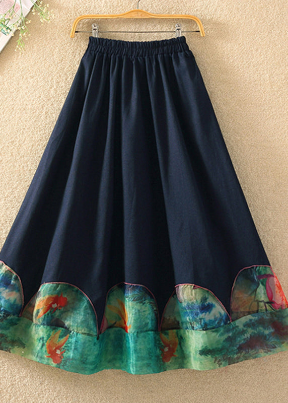 Black Print Patchwork Elastic Waist Skirt Summer