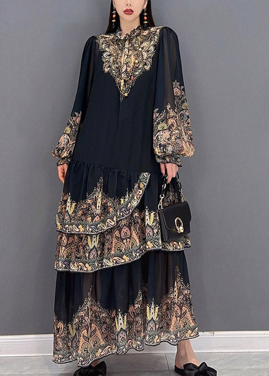 Black Stand Collar Ruffled Layered Print Chiffon Long Dress Lantern Sleeve