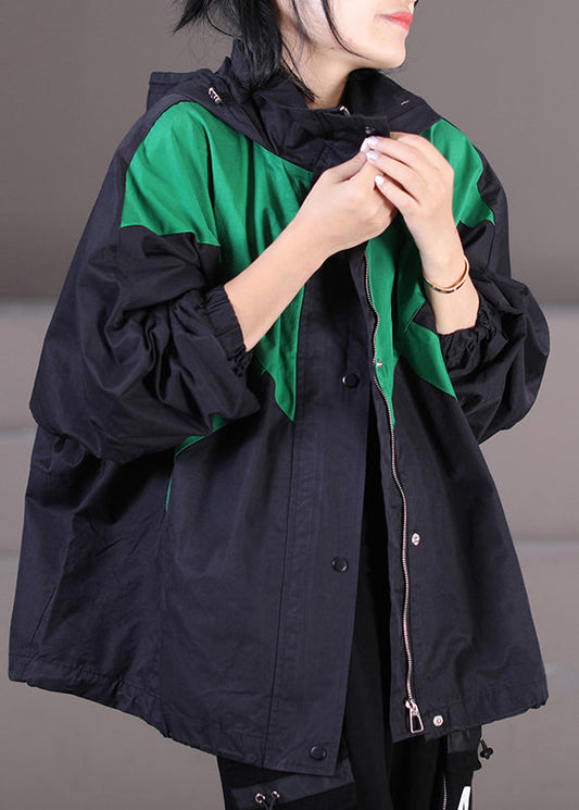 Black Drawstring Patchwork Zippered Button Hooded Trench Coats Fall