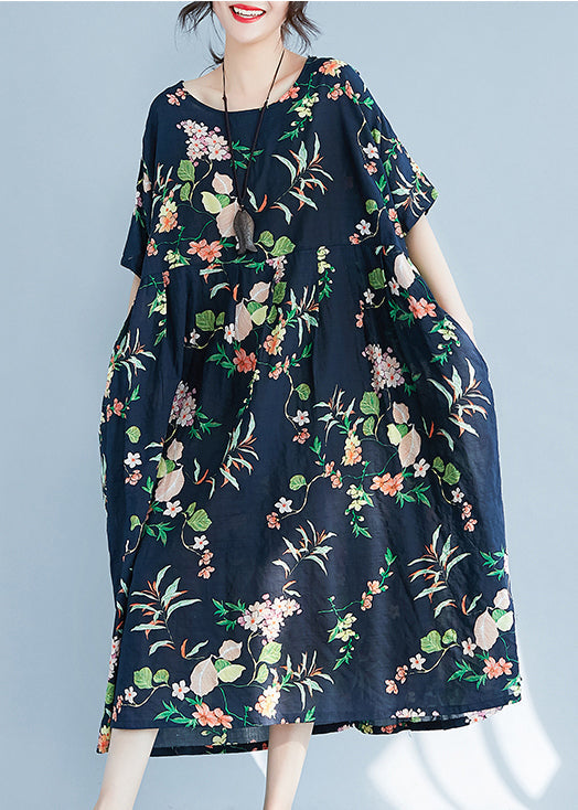 Navy O-neck Zippered Pocket Print Dresses Short Sleeve