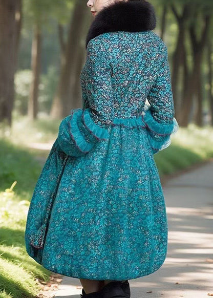Blue Print Ruffled Patchwork Fine Cotton Filled Coat Winter