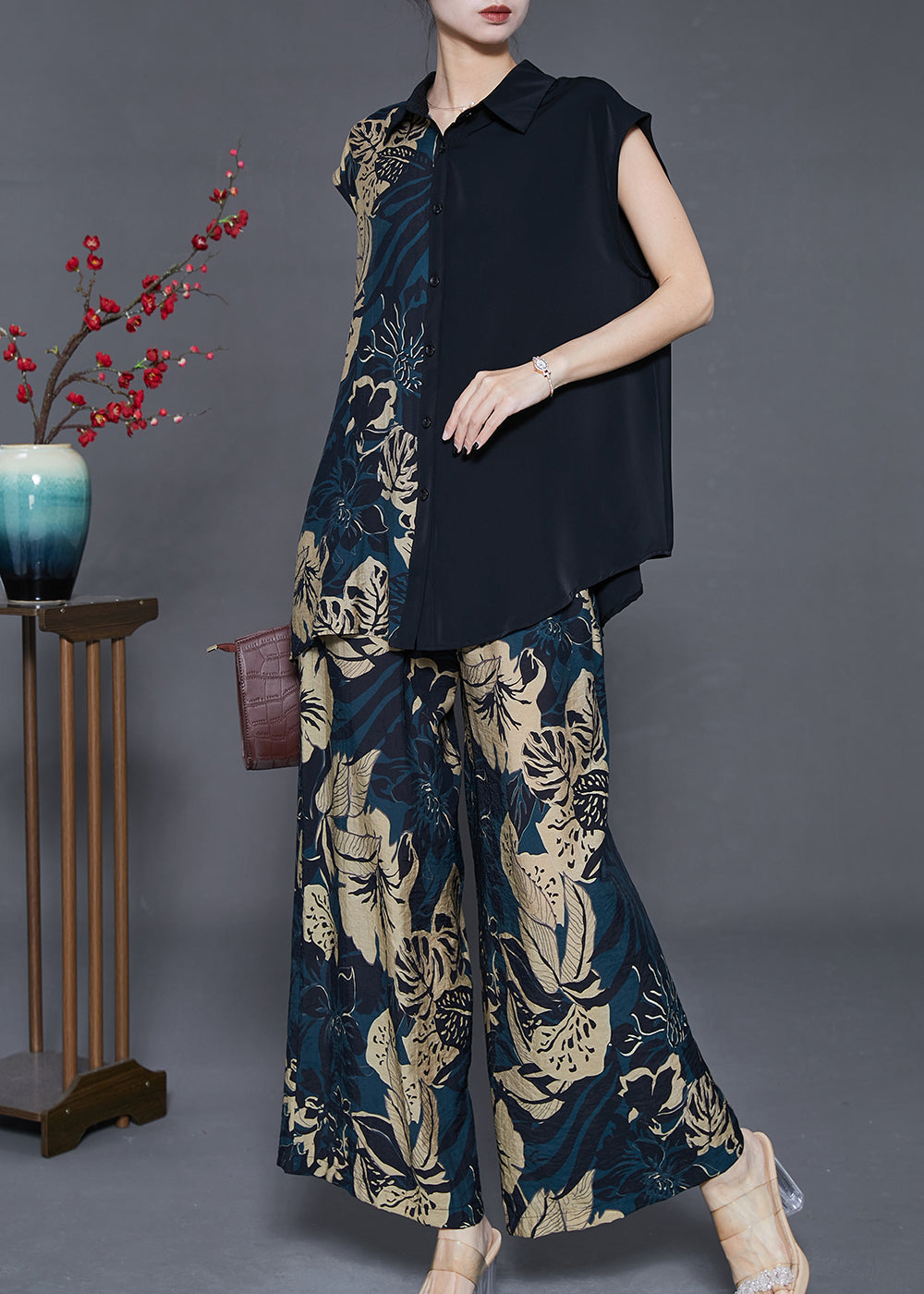 Diy Black Asymmetrical Print Chiffon Two Pieces Set Sleeveless