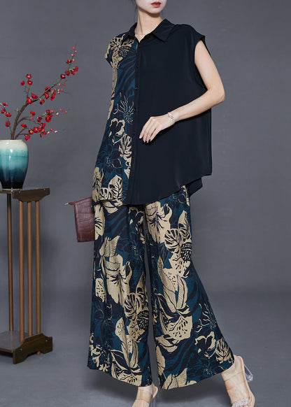 Diy Black Asymmetrical Print Chiffon Two Pieces Set Sleeveless