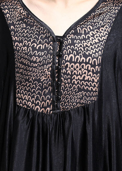 Black Asymmetrical Print Silk Ankle Dress Spring