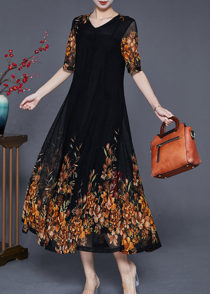 French Black V Neck Golden Tulle Holiday Dress Summer
