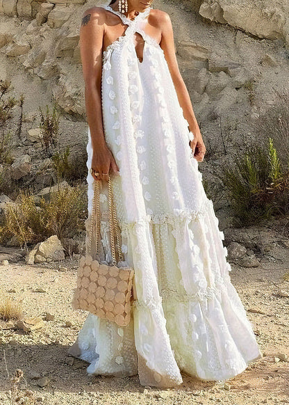 Natural White Ruffled Patchwork Cotton Long Dresses Summer