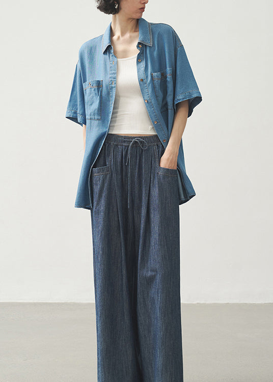 Blue Peter Pan Collar Pockets Button Denim Shirts Summer