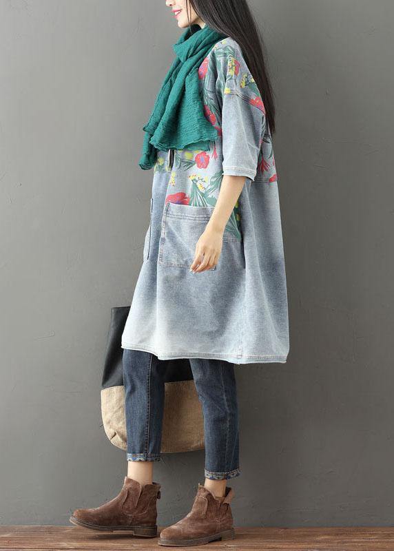 Unique Blue O-neck Pockets Print Fall Denim Dresses Half Sleeve