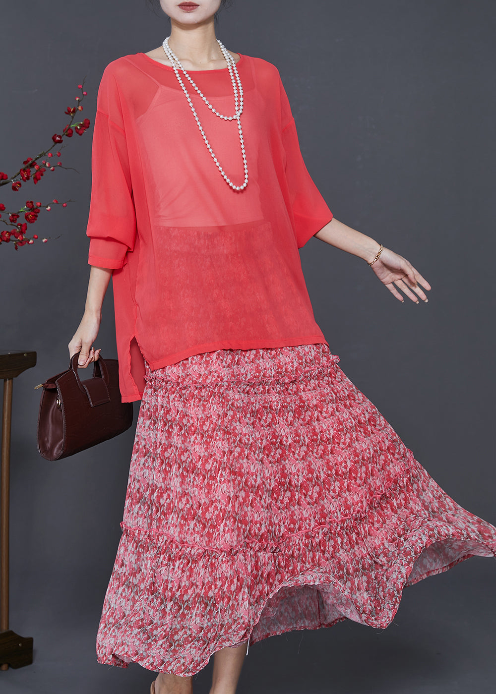Red Print Exra Large Hem Chiffon Two Piece Set Summer