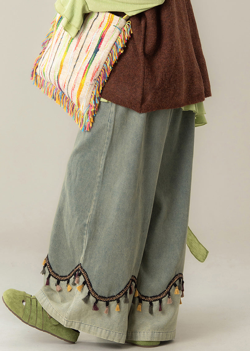 Blue Tasseled High Waist Patchwork Denim Wide Leg Pants Spring