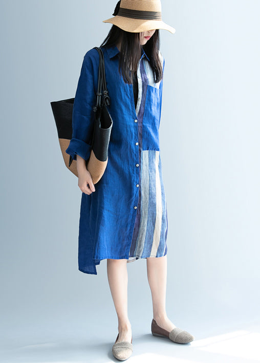 Boutique Blue Peter Pan Collar Striped Linen Long Shirts Spring