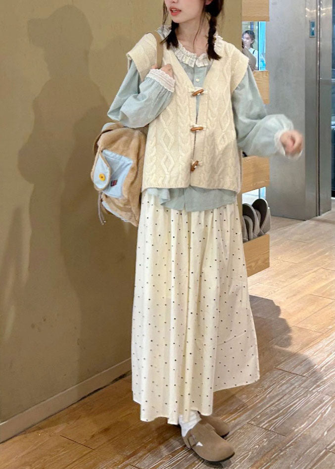 Beige V Neck Knit Waistcoat Shirts and Skirt Tress Piece Set Fall