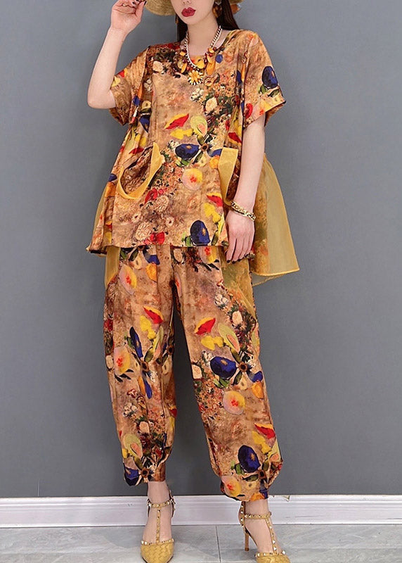 Yellow O-neck Print Tulle Patchwork Chiffon Tops and Pants Two Piece Set Clothing Short Sleeve