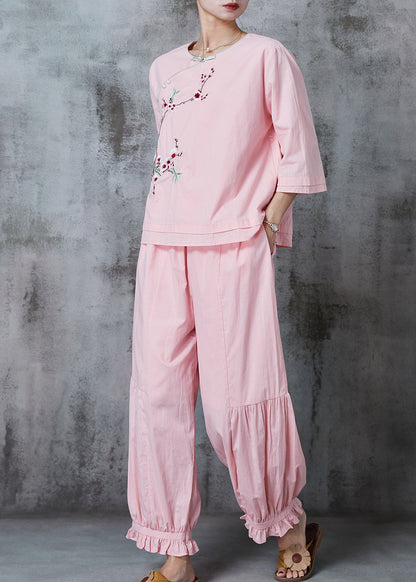 Pink Embroidered Oriental Cotton Two Piece Suit Set Summer