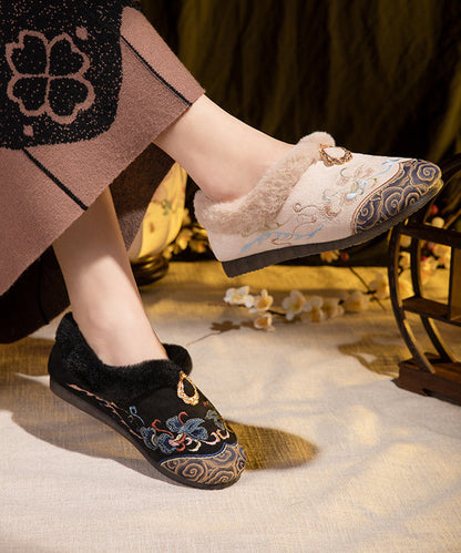 Embroidery Flat Feet Shoes Black Fuzzy Wool Lined