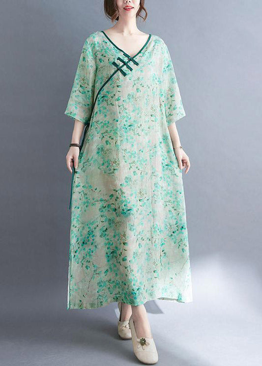 V Neck Print Button Side Open Holiday Dress Three Quarter Sleeve