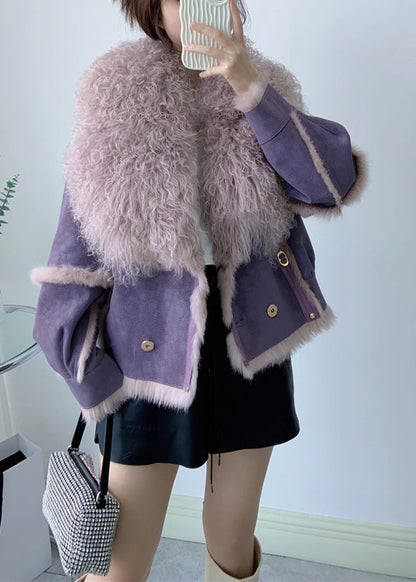 French Purple Wool Collar Patchwork Leather and Fur Jacket Winter