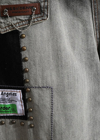 Black Letter Embroidered Pockets Denim Pants Spring