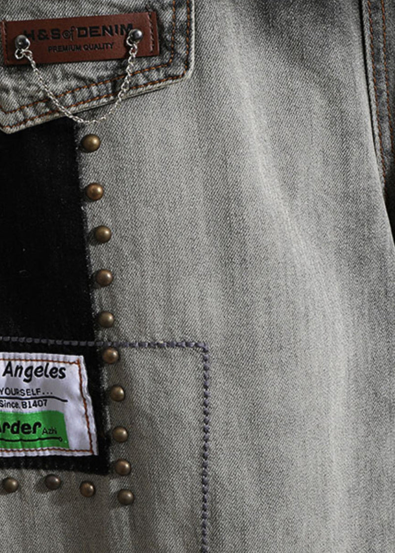 Black Letter Embroidered Pockets Denim Pants Spring