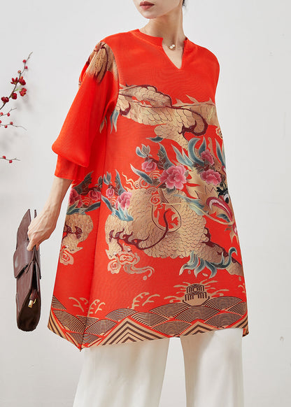 Red Dragon Print Cotton Short Dress Spring