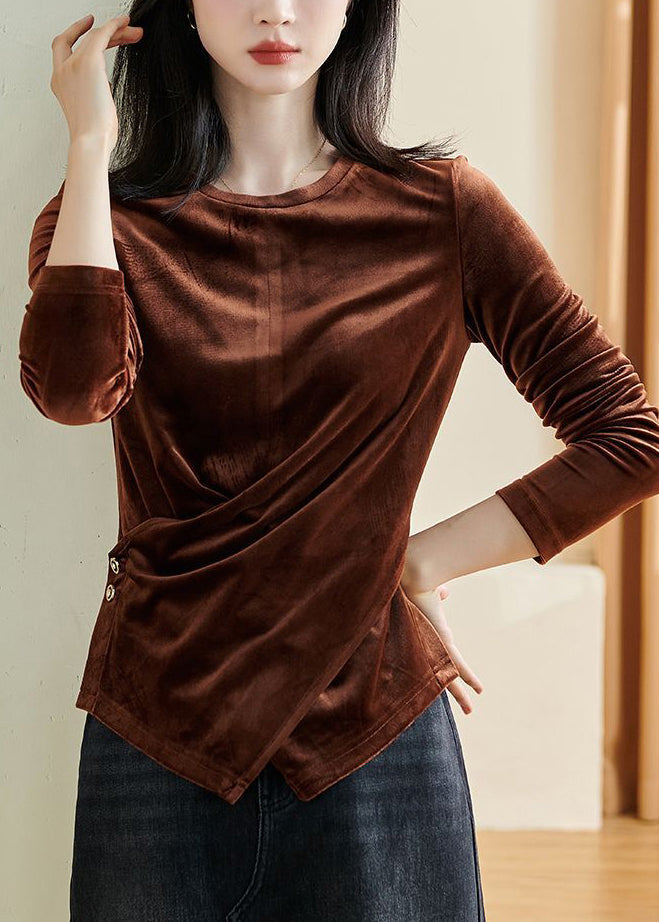 Fitted Brown O-neck Asymmetrical Silk Velour Shirt Long Sleeve
