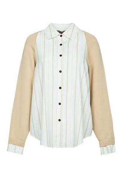 Colorblock Peter Pan Collar Button Knit Patchwork Shirt Fall