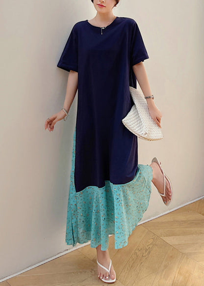 Navy Print Patchwork Fake Two Pieces Maxi Dresses Short Sleeve