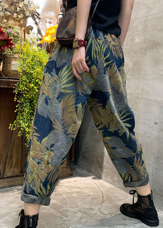 Blue Cinched Print Patchwork Denim Pants Spring