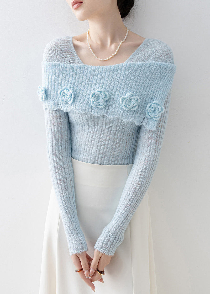 Art Blue Slash Neck Slim Fit Knitted Tops Spring