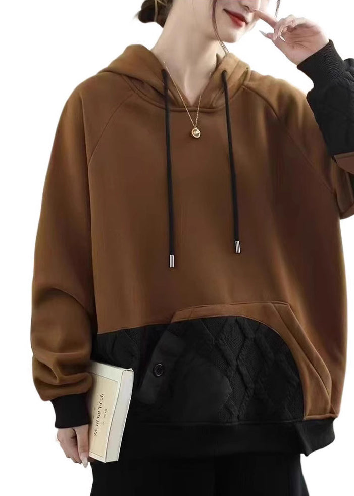 Coffee Pockets Patchwork Warm Fleece Pullover Spring