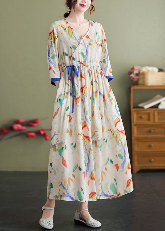 Apricot V Neck Tie Waist Print Pockets Cotton Cinch Dress Bracelet Sleeve