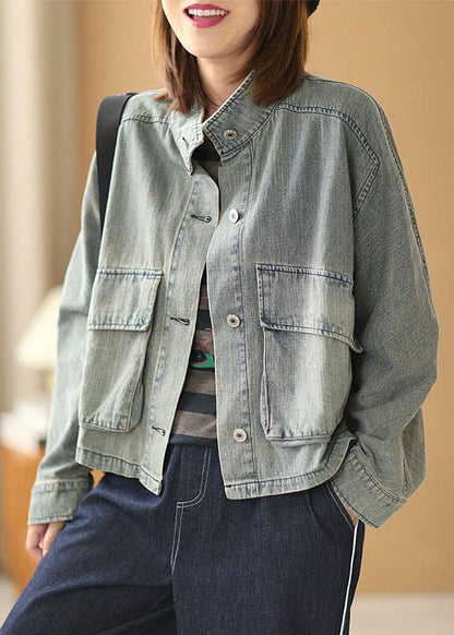 Light Blue Pockets Button Fall Denim Long Sleeve Coat