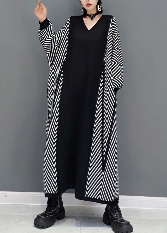 Black V Neck Knit Ankle Dress Spring
