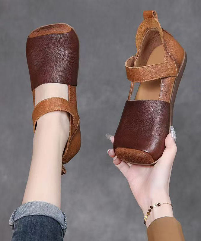 Comfy Splicing Walking Sandals Brown Faux Leather Hollow Out