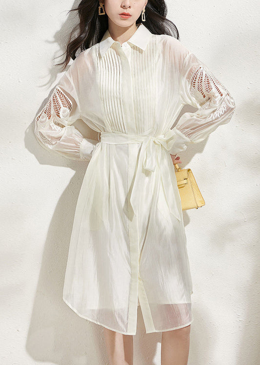 Loose Beige Hollow Out Tie Waist Shirts Dress and Spaghetti Strap Dress Silk Two Piece Set Fall