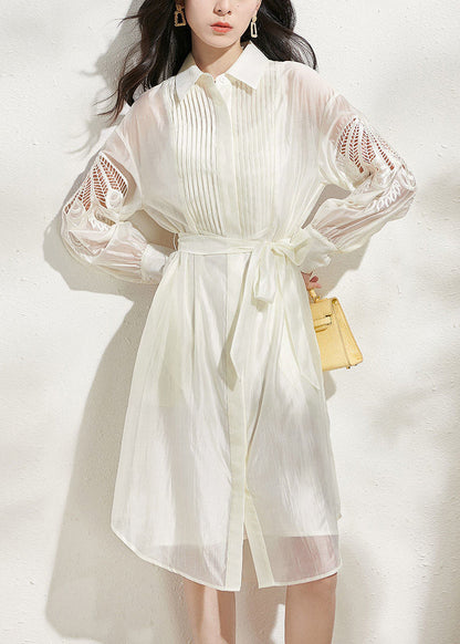 Loose Beige Hollow Out Tie Waist Shirts Dress and Spaghetti Strap Dress Silk Two Piece Set Fall