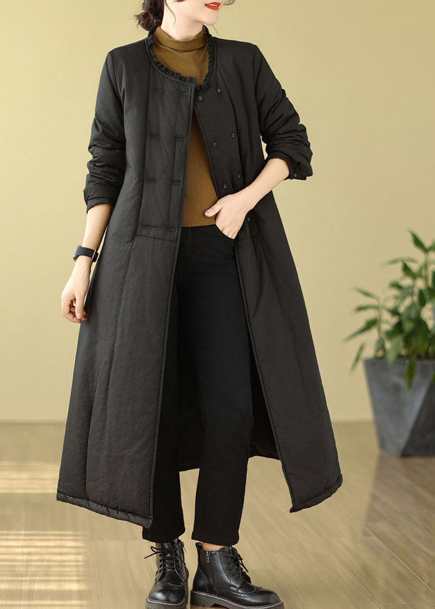 Black O-neck Thick Maxi Parka Coats Long Sleeve