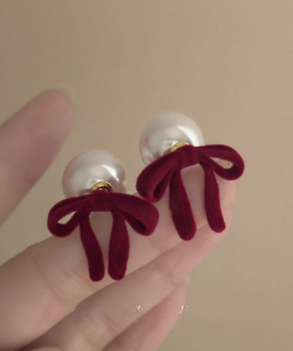 Pink Silk Velour Alloy Pearl Bow Stud Earrings