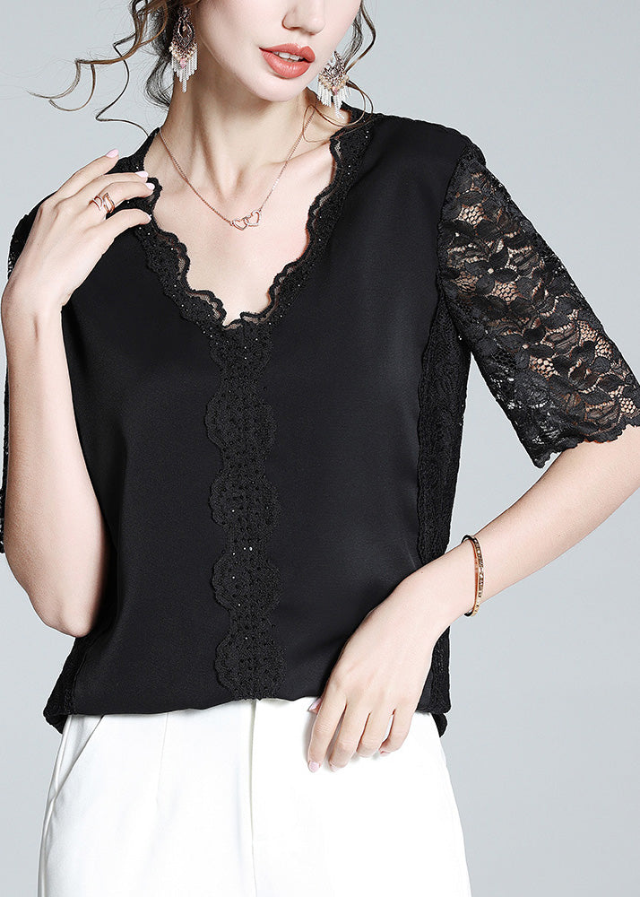 Black V Neck Lace Patchwork Top Short Sleeve Summer