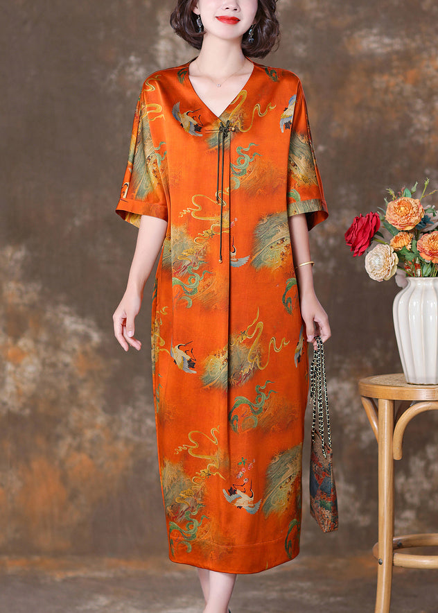 Orange V Neck Button Print Silk Long Dresses Summer